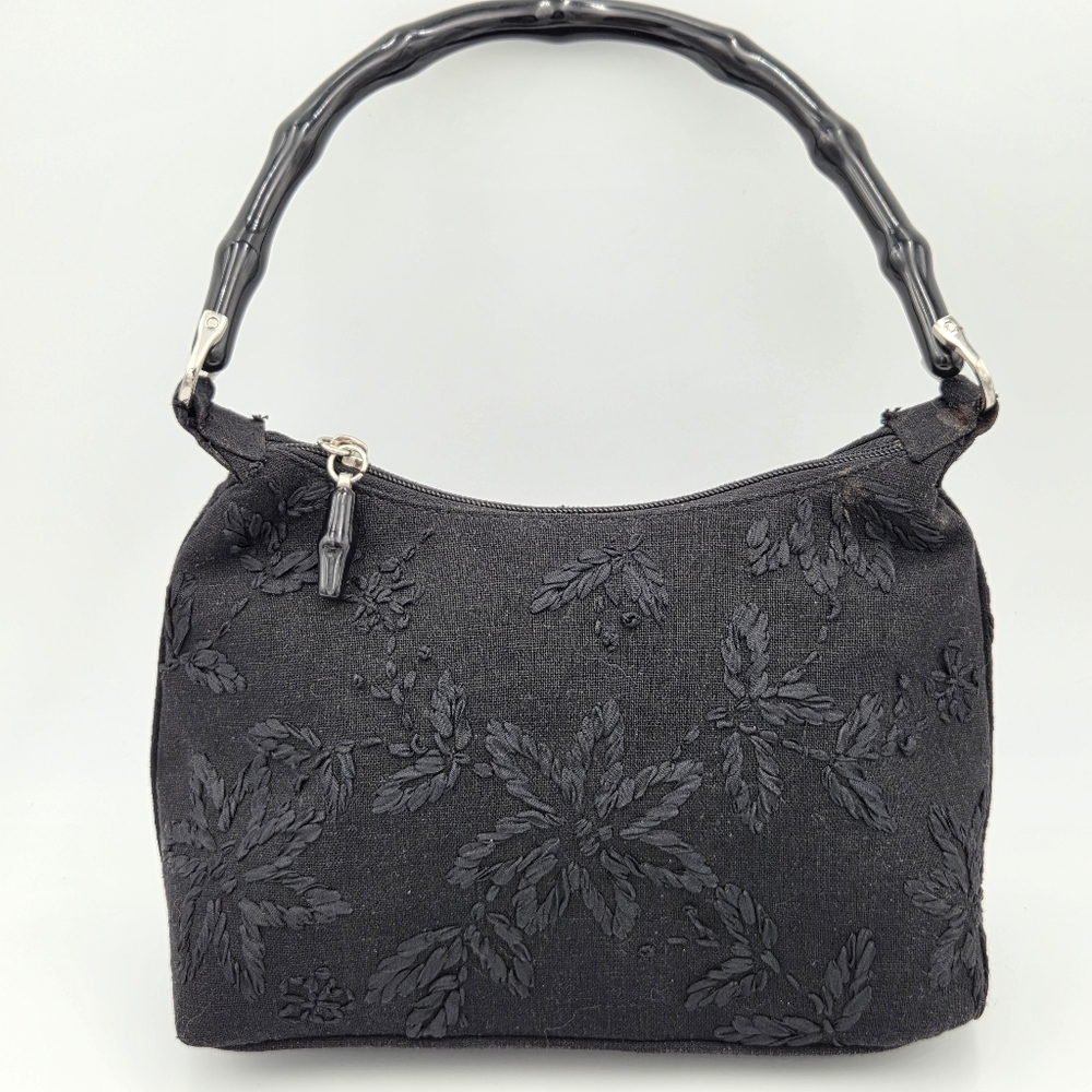 Talbots Vintage Inspired Bamboo Look Handle Stitched Floral Hand Bag